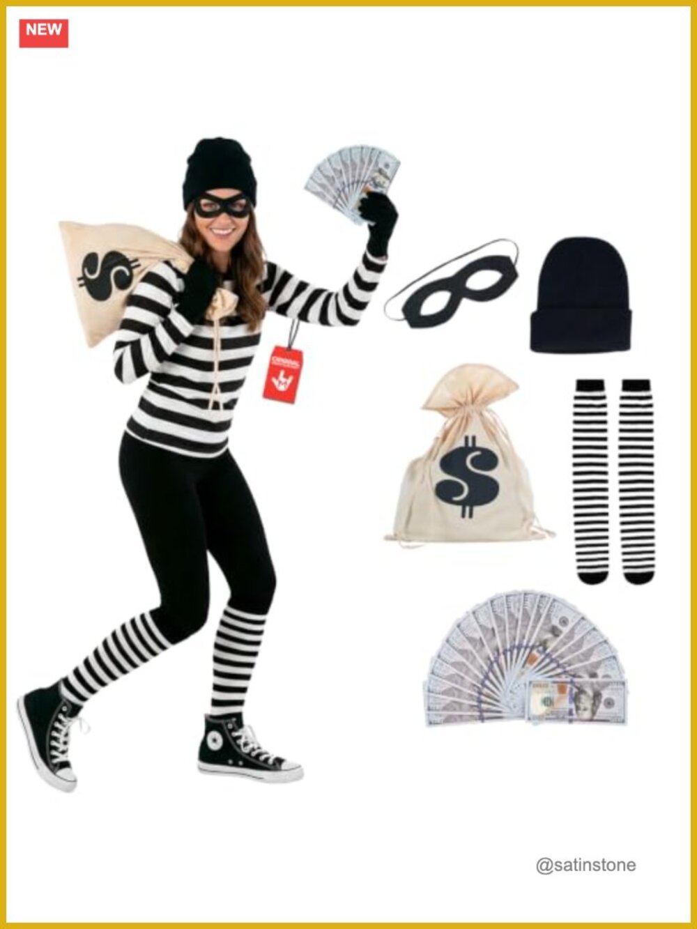 Womens Burglar Costume Set Striped Shirt Leggings Halloween Thief Outfit
